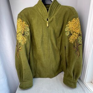 Bob Mackie Wearable Art 1X Olive Green Fleece Jacket Floral Embroidered Unique
